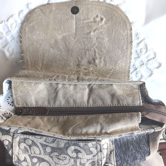 Myra Calf Hair/Canvas Distressed Crossbody Messenger Bag - Picture 9 of 16